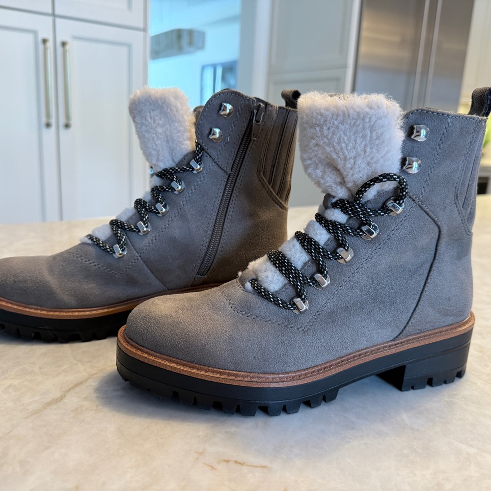 Nine West Taupe/Grey Vegan Suede Lace Up Boots